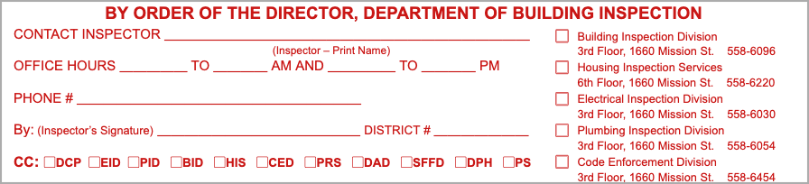 Crop of a blank Notice of Violation, with the bottom part shown. The section includes space for an inspector to put their contact information, as well as checkboxes to mark which building inspection divisions or City departments have been notified. 
