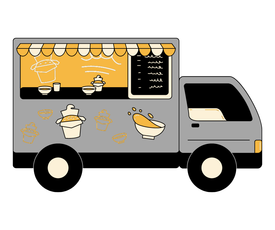 Grey and yellow drawing of a food truck