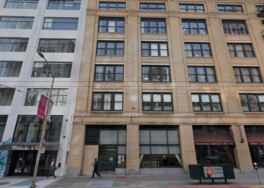 A street view of the Child Support Services location at 617 Mission Street shows a 6-story brownish yellow brick building
