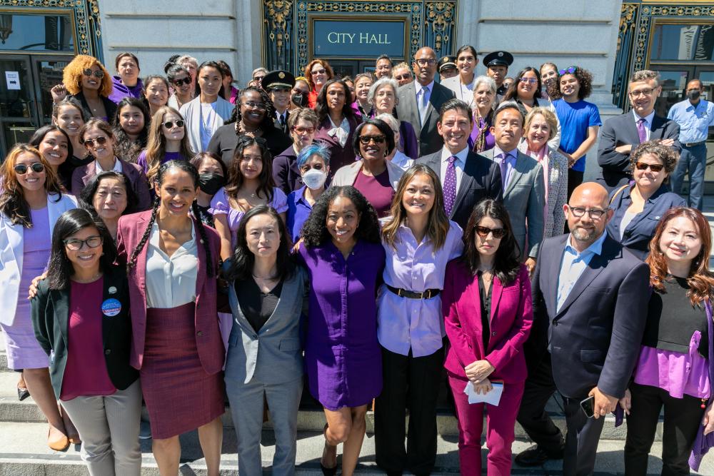 Citywide leaders celebrated Women's Equality Day and announced the 2022 W Challenge--registering all eligible women to vote--in front of City Hall. 