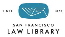 Logo for the San Francisco Law Library that shows a line illustration in white against a turquoise background and the dates "Since 1870."