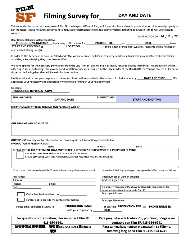 Example of a filming survey, the way that it would look if a resident received it.