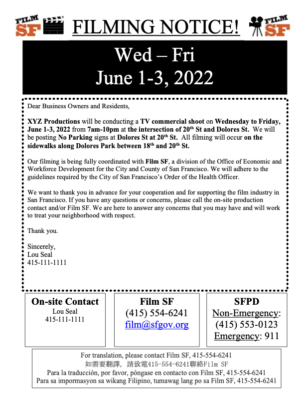 Example of a film notice, with black background with the date.