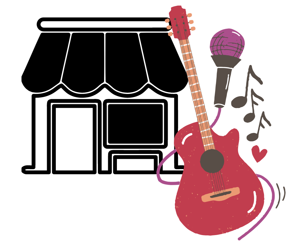 illustration of a storefront with a guitar and microphone floating in the forefront