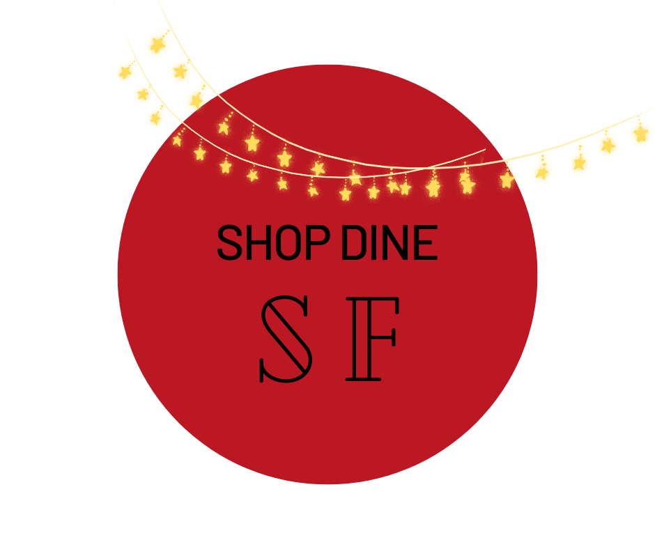 Red circle with yellow starry lights and the text Shop Dine SF