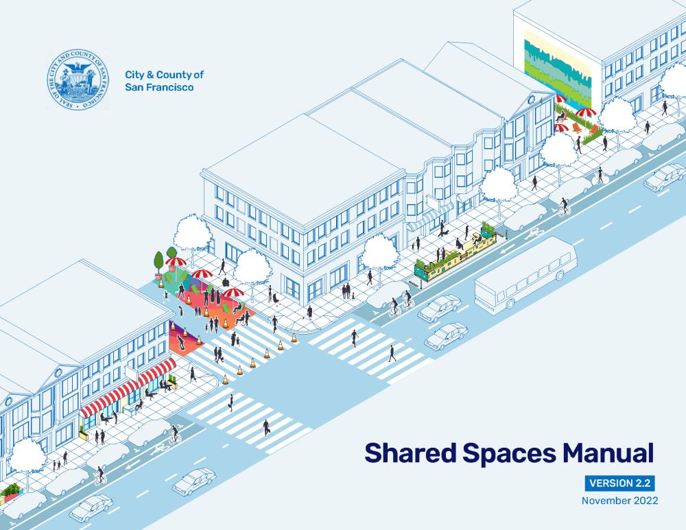 Cover for the Shared Spaces Manual showing an illustration of a street in San Francisco with different activations of the public space: parklets, roadway closures, sidewalk tables, chairs, and benches, and lot activations.