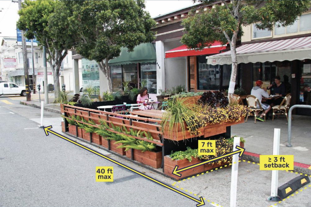 parklet on the street showing yellow labels for dimensions