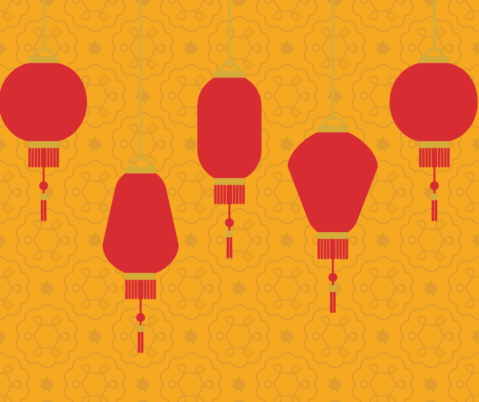 Illustration of 5 red Chinese lanterns on a yellow background
