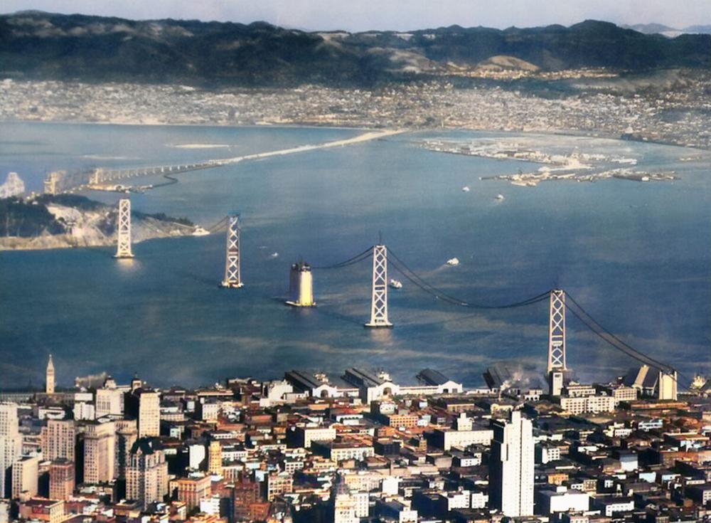 Aerial view of the construction of the Bay Bridge in 1935