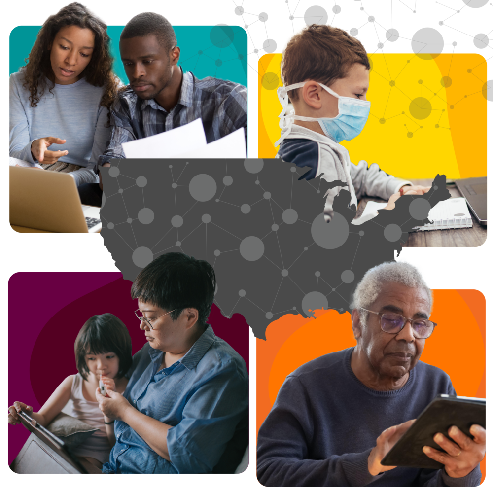 Diverse people using computer devices