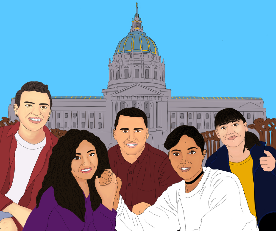Illustration of DreamSF Fellows with San Francisco City Hall in the background