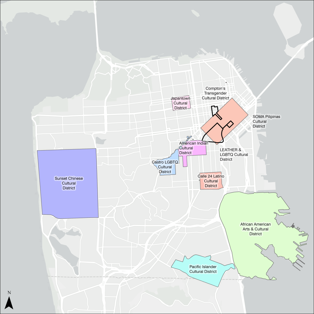 Map of San Francisco depicting areas covered by each individual Cultural Districts