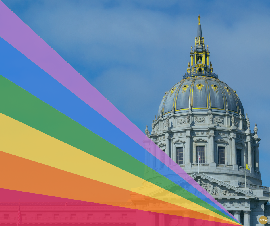 San Francisco City Hall pictured with a diagonal rainbow overlay