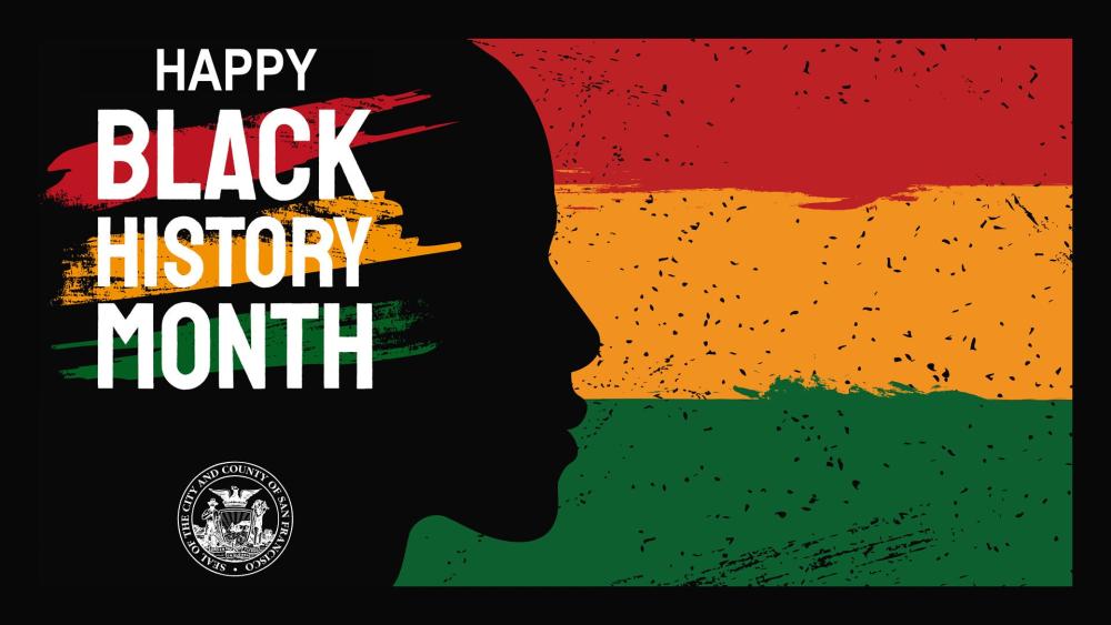 Black History Month red, yellow and green background with a silhouette
