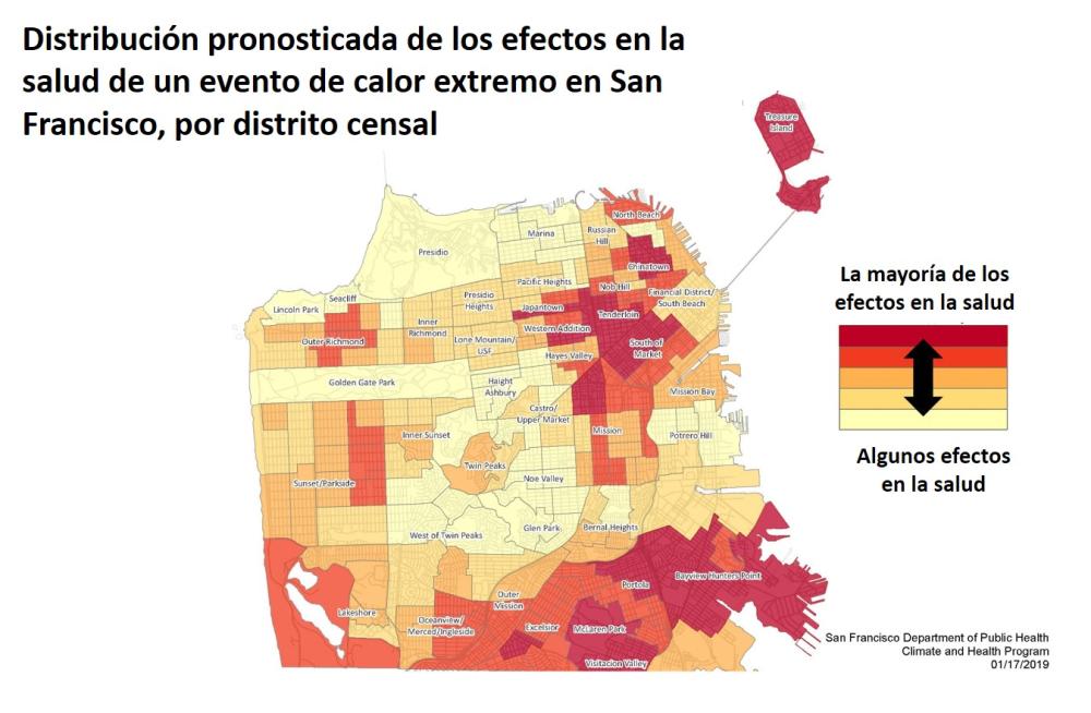 Predicted impact of an extreme heat event by Census Tract, In Spanish
