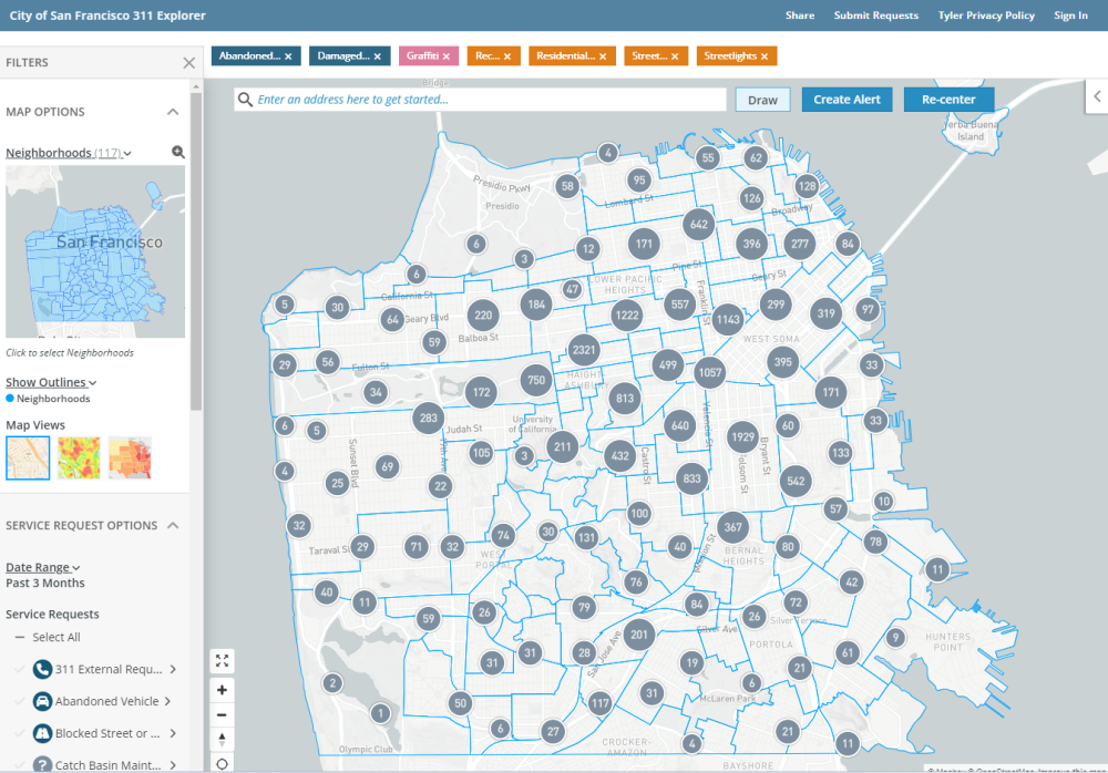 A screenshot showing the 311 Explorer data visualization tool, showing a map of San Francisco and 311 cases