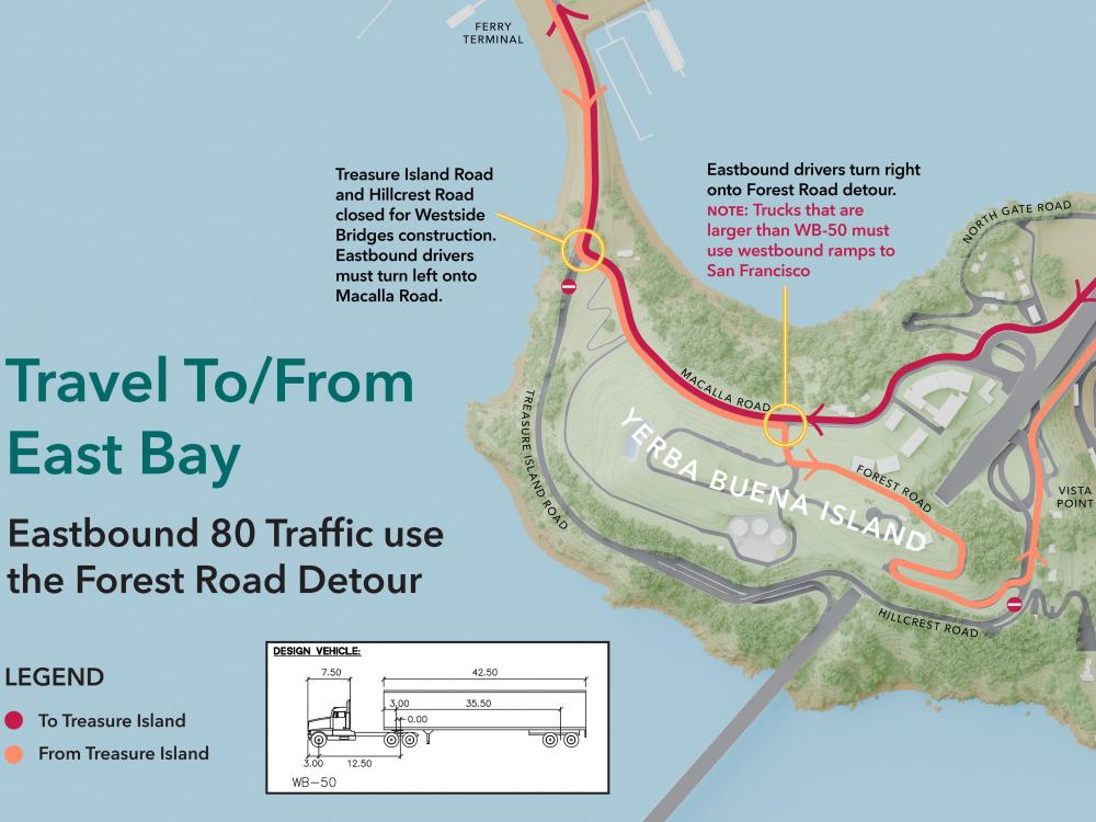 A traffic circulation map of Yerba Buena Island displaying vehicle routes to and from the YBI Bay Bridge ramps