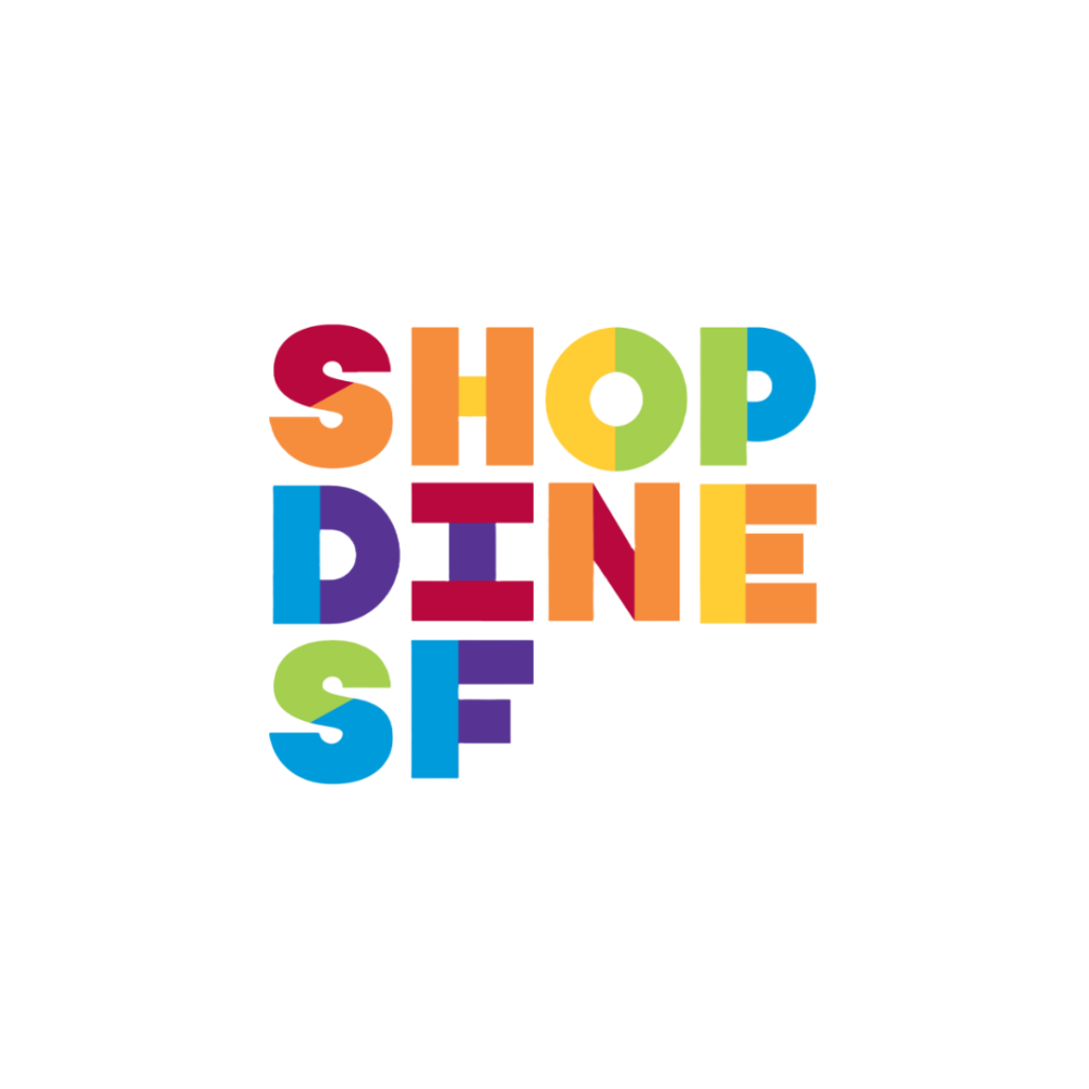 Logo reading Shop Dine SF in rainbow block letters
