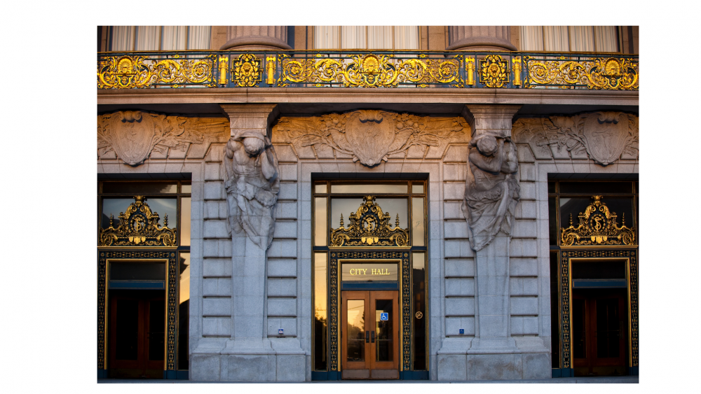 Front entrance doors of San Francisco City Hall at dusk