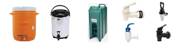 Multi-gallon jugs with spigots that look similar to those used at sporting events.