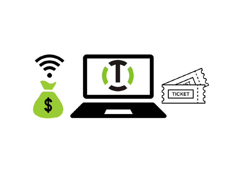 Moneybag, Wi-Fi logo, laptop with logo, and ticket graphic