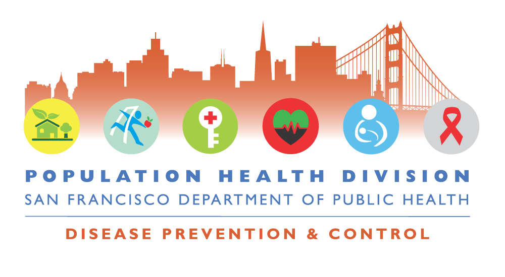 Population Health Division Disease Prevention and Control logo showing orange SF cityscape behind health-related icons