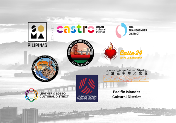 Logos for each of the ten Cultural Districts imposed on a background photo of San Francisco