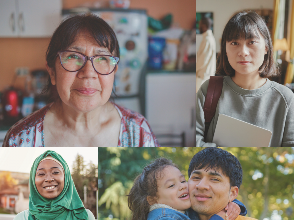 A photo collage of 4 different people, from a senior adult to a college students, a woman smiling and a young father with his child. 